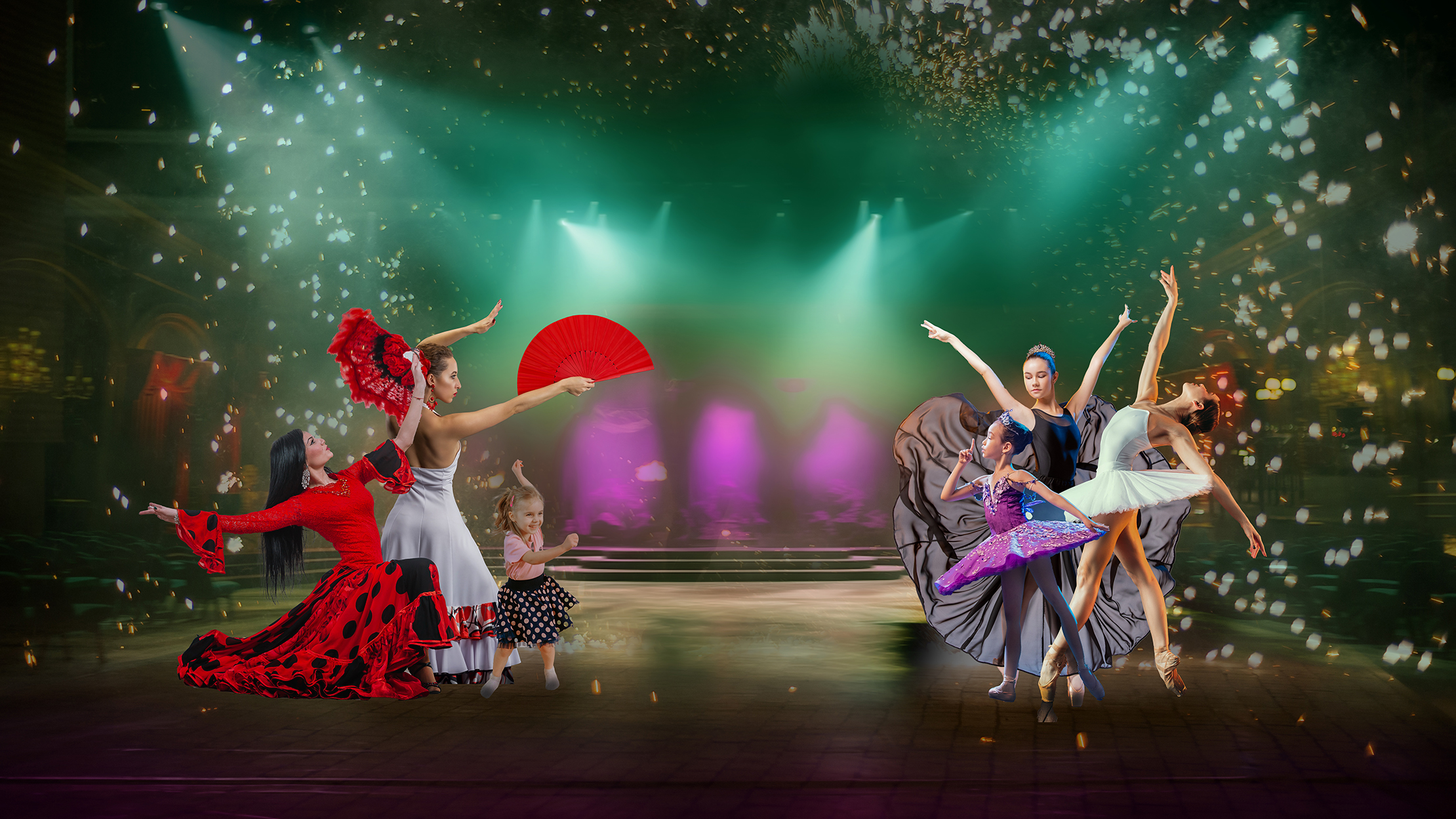Generative AI illustration of Young woman dancing flamenco with flamenco dress.Traditional spanish dance concept
